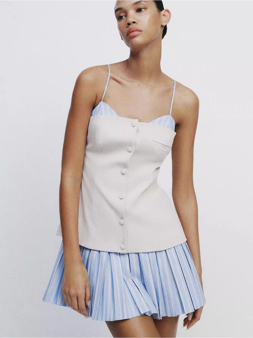 Zara Sz XL Blogger Favourite Contrast Poplin Nautical Bustier Mini Dress